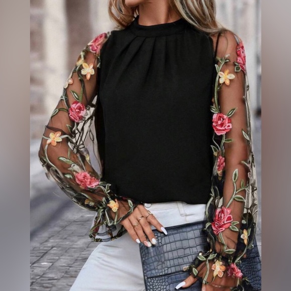 Luxe black floral embroidered mesh sleeve blouse - Picture 2 of 10